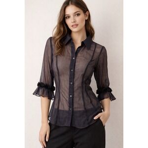 Sheer‎ Black Stripe Shirt Blouse Womens M Ruffle Sleeve Gothic Coquette Top